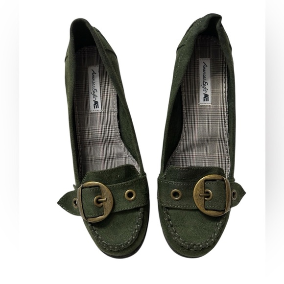 American Eagle Outfitters Shoes - Vintage American Eagle Olive Green Suede Loafers w/ Brass Buckle — Women’s